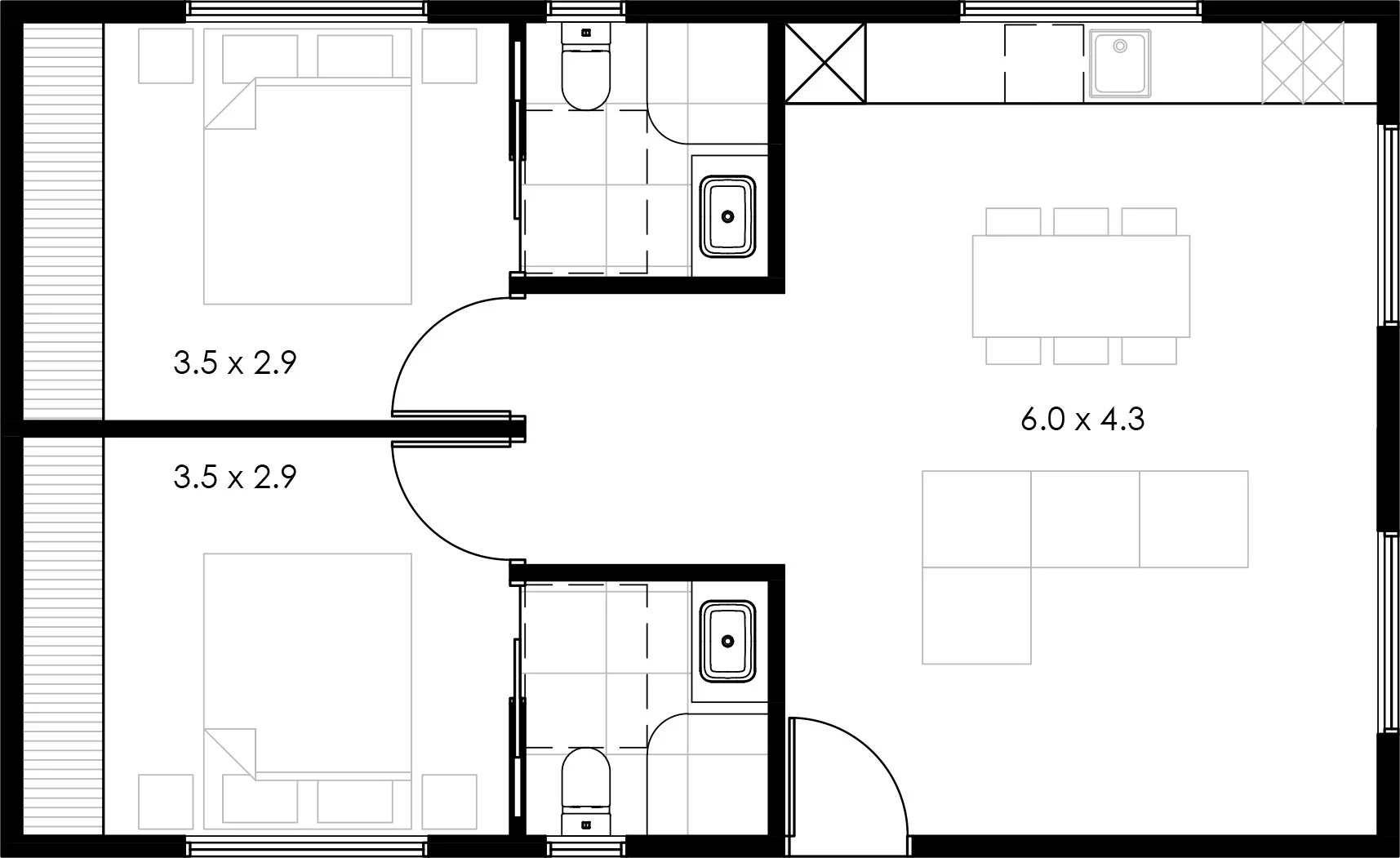 Floor plan for the Hinton 60 square metre, two-bedroom, two-bathroom design