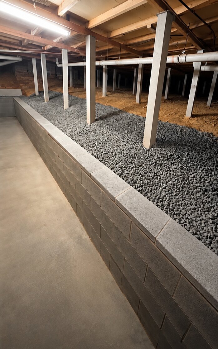 Under-house foundations after restumping, with new blockwork and drainage gravel